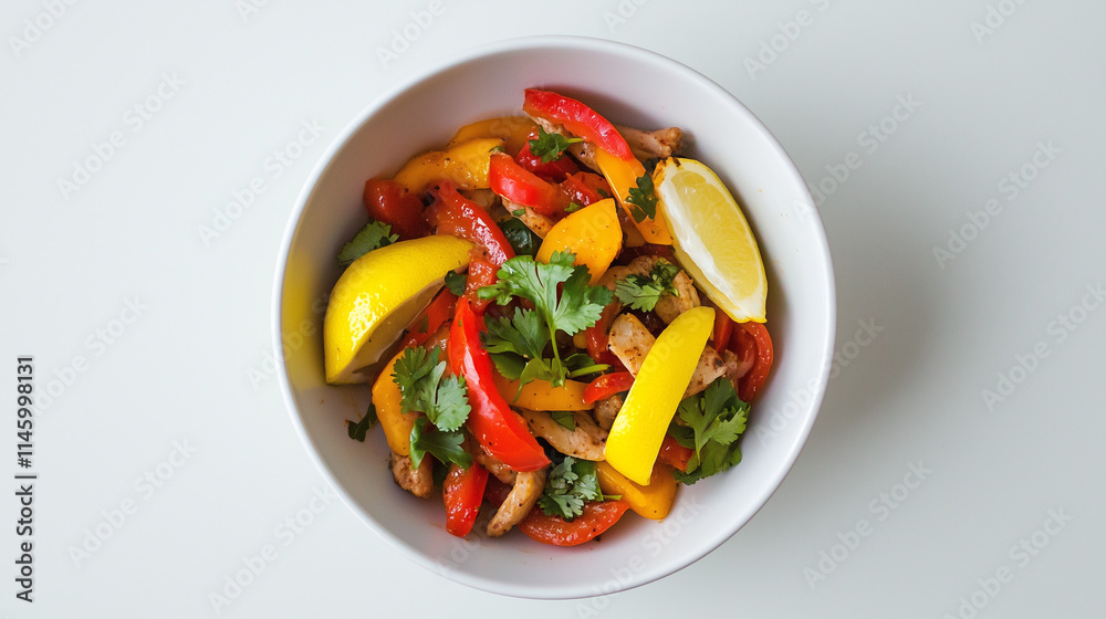 Vibrant Vegetable Stir-Fry: A colorful and healthy stir-fry with red and yellow bell peppers, cilantro, and lemon wedges in a white bowl, perfect for a light and flavorful meal. Vibrant Vegetable Stir-Fry: A colorful and healthy stir-fry with red and yellow bell peppers, cilantro, and lemon wedges in a white bowl, perfect for a light and flavorful meal.
