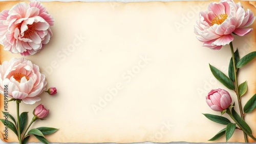Fototapeta Naklejka Na Ścianę i Meble -  Old vintage grunge wide paper journal with watercolor blooming peony flowers and leaf border frame, paper, journal, border