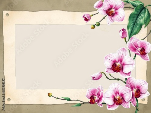 Old vintage grunge wide paper journal with watercolor blooming orchids flowers and leaf border frame, wide, flowers, leaf photo