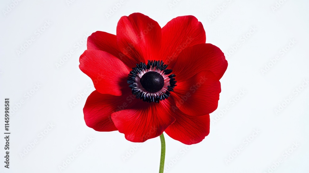 Obraz premium A single red anemone flower set against a stark white background, macro shot, Minimalist style