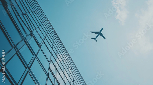 Plane Soaring Above Cityscape