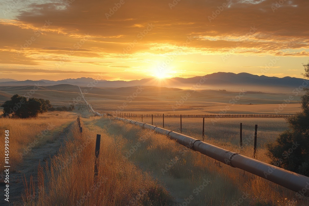 Obraz premium Golden Hour Landscape with Pipeline in Rural Area