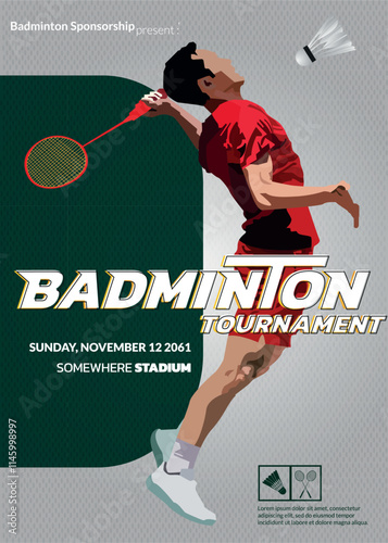 Badminton Tournament, sport poster. Badminton player with shuttlecock 80