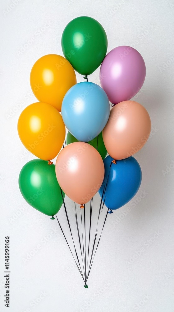 A photostock of multiple colorful helium balloons floating with thin ribbons, isolated on a clean white background, cheerful and festive, High Quality A photostock of multiple colorful helium balloons floating with thin ribbons, isolated on a clean white background, cheerful and festive, High Quality