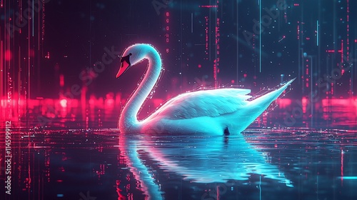 Fototapeta Naklejka Na Ścianę i Meble -  Neon swan on digital water.