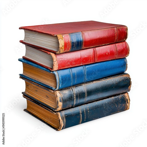 A photostock of retro classic books stacked with worn covers, isolated on a clean white background, detailed and nostalgic, High Quality photo