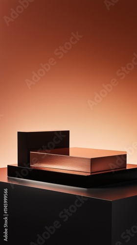 Smooth rectangular copper podium on black surface