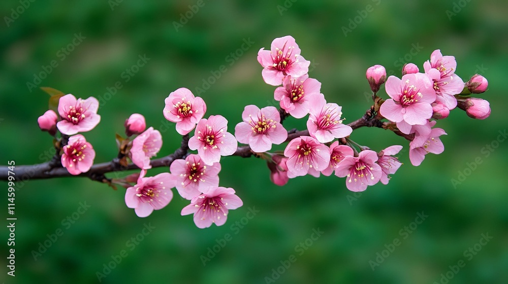 Cherry tree blossom branch on green background flat lay. Cherry tree blossom branch on green background flat lay.