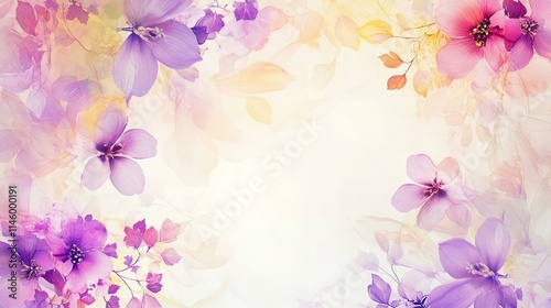 Beautiful abstract color purple and pink flowers on yellow background and white flower frame and pink leaves texture white background colorful colorful banner happy valentine