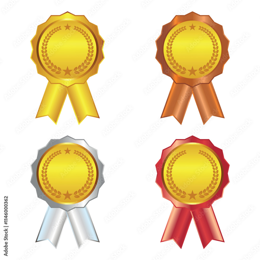 A set of four colorful ribbon badges featuring gold, bronze, silver, and ruby colors. Each badge has a round design with laurel wreaths and stars, perfect for representing awards and achievements. A set of four colorful ribbon badges featuring gold, bronze, silver, and ruby colors. Each badge has a round design with laurel wreaths and stars, perfect for representing awards and achievements.