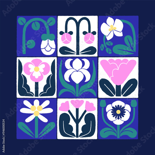 Trendy card with collage of different abstract flowers. Modern floral decor. Wall art with whimsical wildflowers. Stylized geometric blooming plants. Botanical decoration. Flat vector illustration