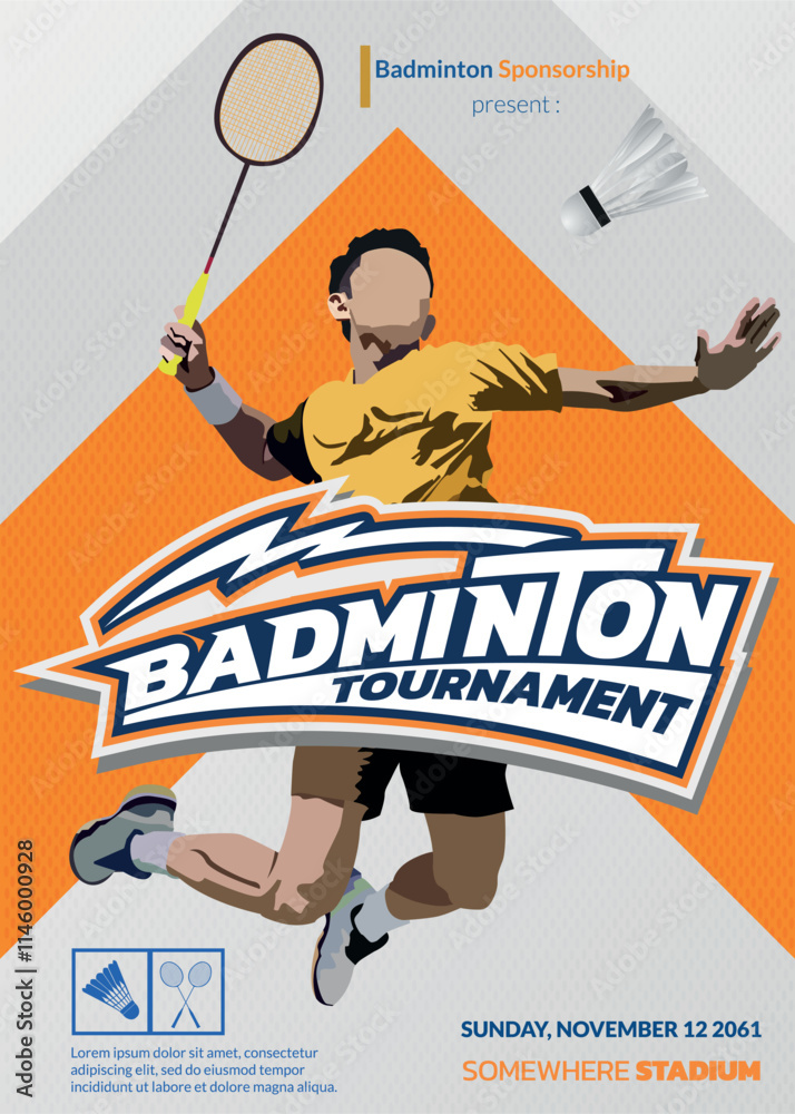Obraz premium Badminton Tournament, sport poster. Badminton player with shuttlecock 72