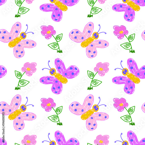 Vibrant seamless pattern featuring hand-drawn pink butterflies and flowers, ideal for playful and cheerful designs.