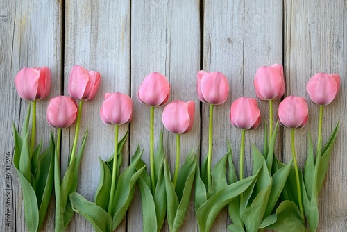 pink tulips on white rustic wooden background flat lay. top view of spring flowers in soft morning sunlight with space for text. hello spring.