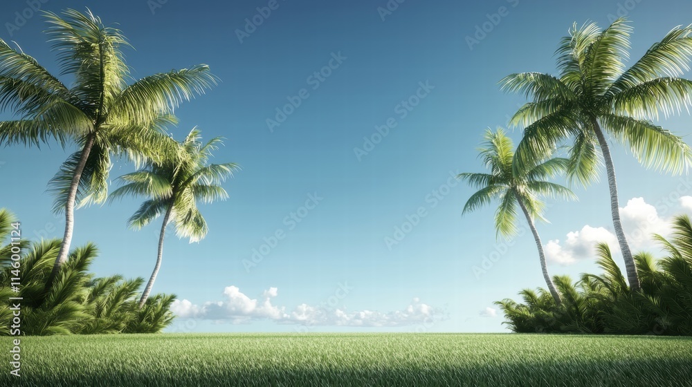 Fototapeta premium Lush Tropical Landscape with Palm Trees Under Clear Blue Sky and Soft Clouds