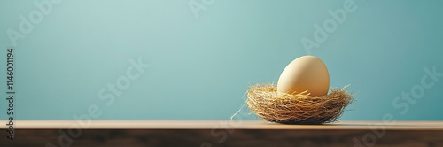 Golden Nest-Egg On Wooden Table With Blue Background - Investment / Retirement Plan Concept photo