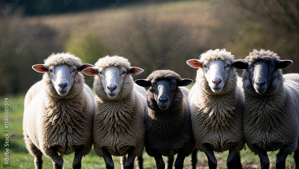 Fototapeta premium Group of sheep standing in green field looking forward