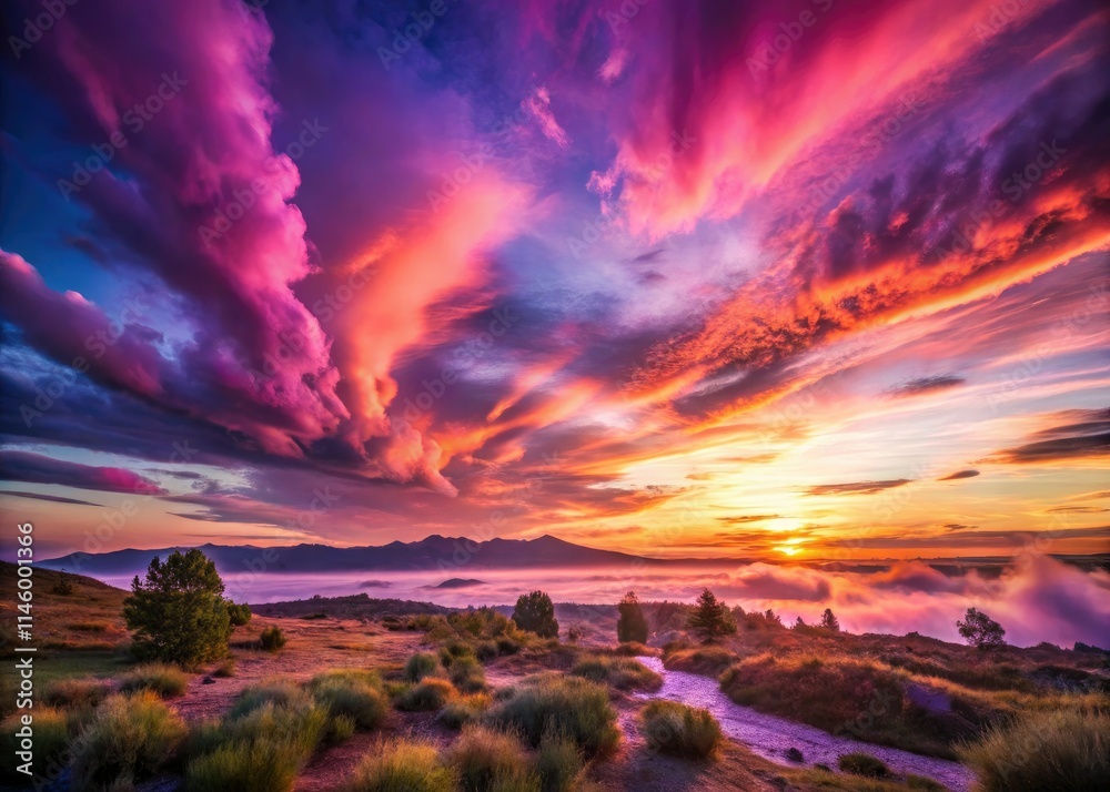 Dreamy sunset paints the sky in vibrant purple and pink hues, a fantastical landscape unfolds. Dreamy sunset paints the sky in vibrant purple and pink hues, a fantastical landscape unfolds.