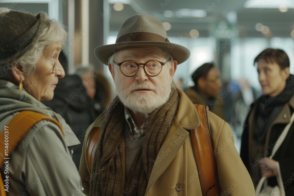 Portrait of a senior couple walking in the city, looking at camera. Portrait of a senior couple walking in the city, looking at camera.