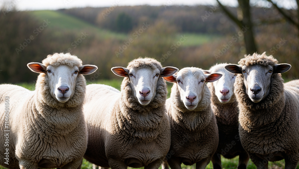 Four sheep standing in green field on farm Four sheep standing in green field on farm