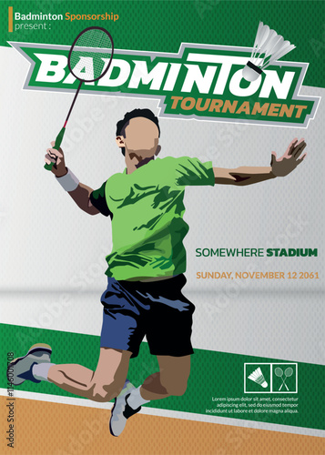 Badminton Tournament, sport poster. Badminton player with shuttlecock 70