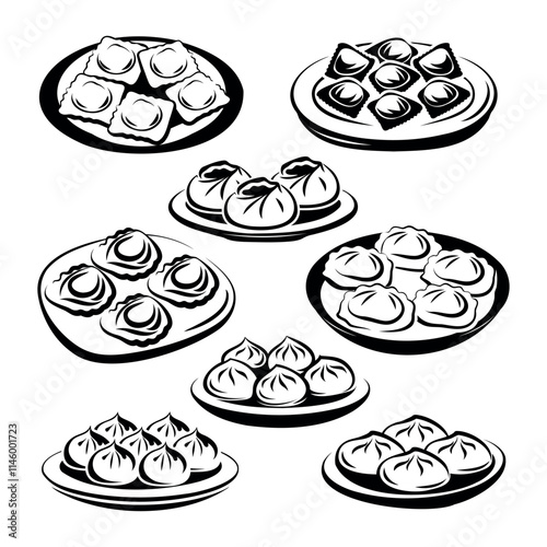 
set of ravioli, dumplings icons isolated on white background