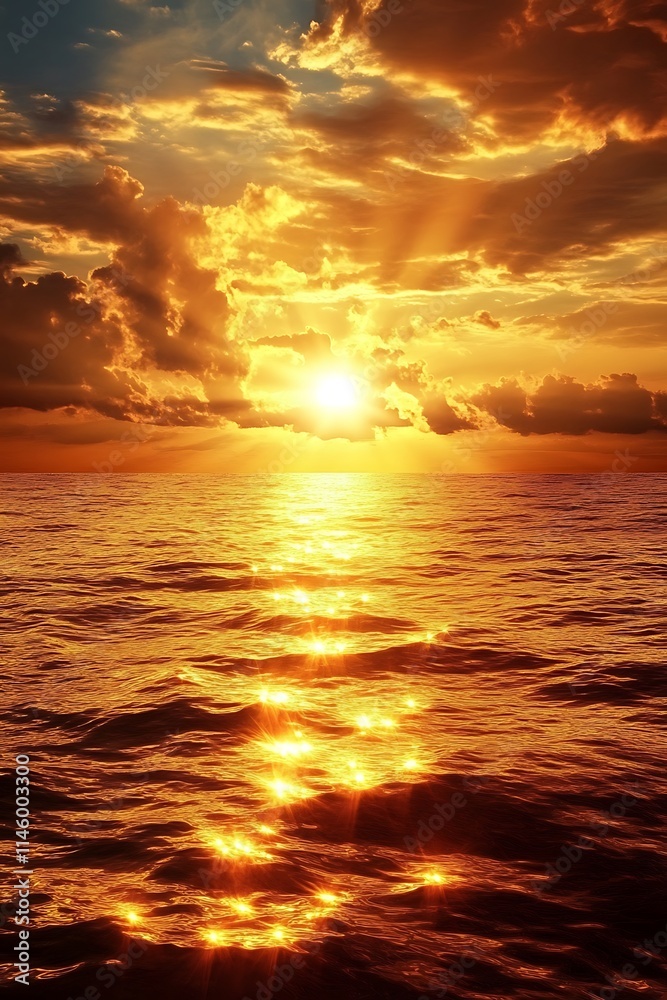 Obraz premium Golden Sunset with Cloudy Sky Over Ocean