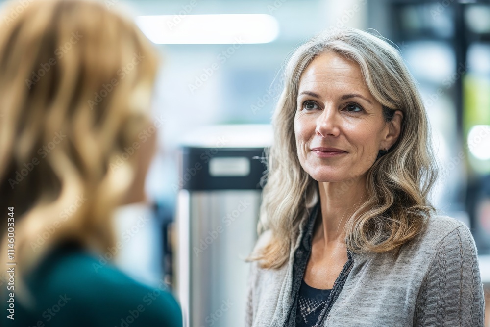 A gray-haired woman discusses with a colleague in a bright, modern office coffee area, illustrating a professional, collaborative atmosphere and mutual respect. A gray-haired woman discusses with a colleague in a bright, modern office coffee area, illustrating a professional, collaborative atmosphere and mutual respect.