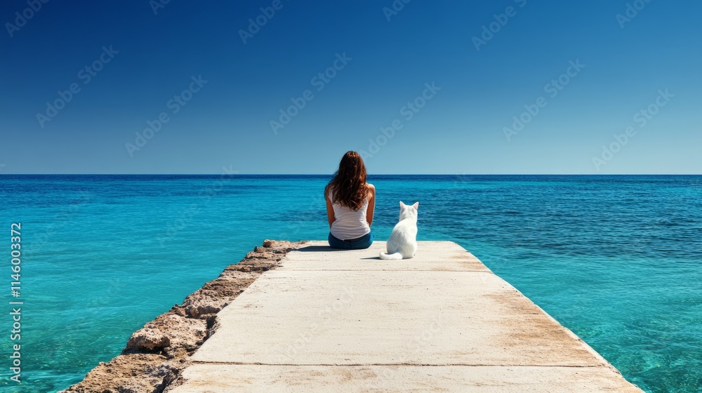 A woman on the edge of an pier, facing away from the camera and looking out at the sea. white cat is sitting next to her. The sky is a clear blue without any clouds. She has long hair that lies across A woman on the edge of an pier, facing away from the camera and looking out at the sea. white cat is sitting next to her. The sky is a clear blue without any clouds. She has long hair that lies across