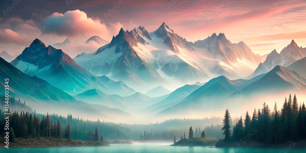 Fototapeta premium sweeping view of hazy mountains enveloped in soft pastel colors, showcasing majestic peaks and serene waters. tranquil landscape evokes sense of peace and wonder
