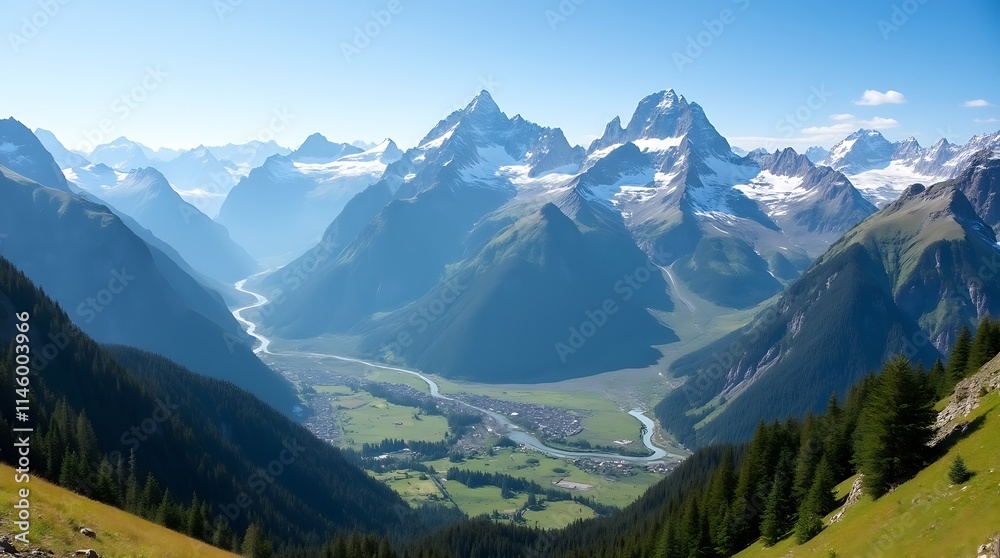 Fototapeta premium Majestic Alpine Valley with Snow-Capped Peaks, Generative AI