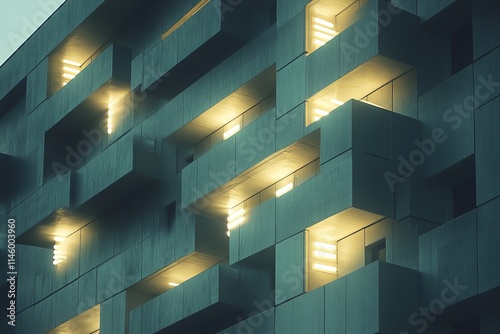 A futuristic building facade displaying unique square shapes and illuminated windows, evoking a sense of ultramodern design and innovative architectural creativity.