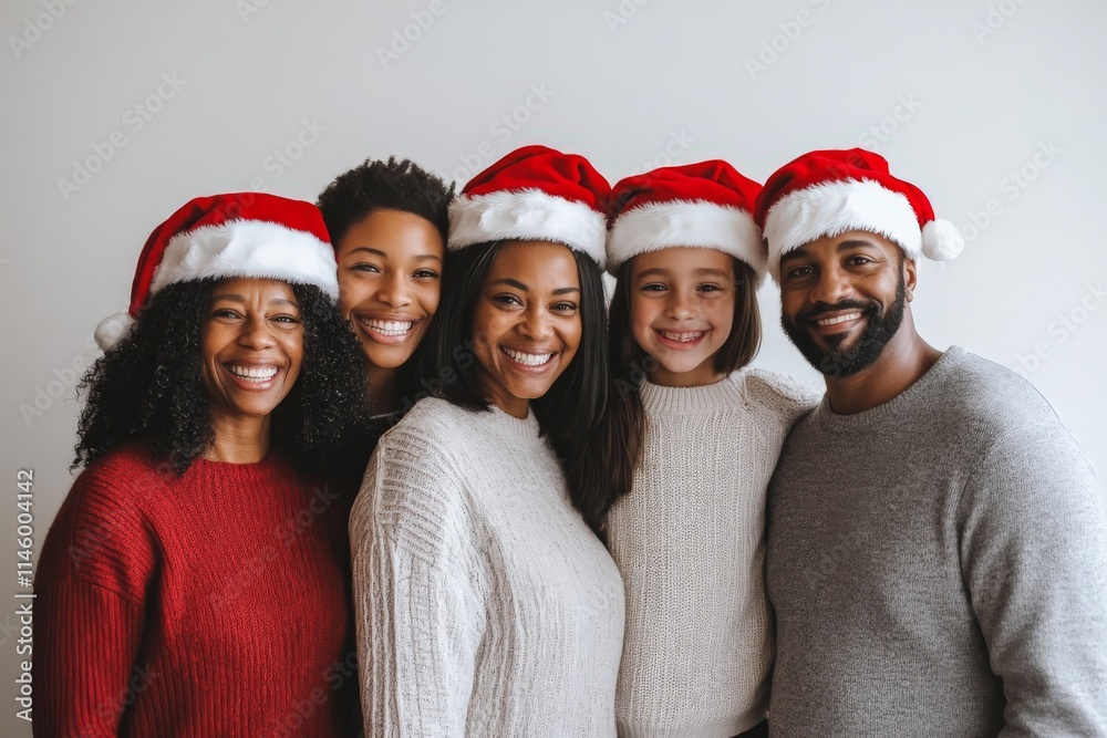 A cheerful family of five, dressed in festive Santa hats, smiles warmly at the camera, suggesting a sense of unity and holiday spirit in a cozy indoor setting. A cheerful family of five, dressed in festive Santa hats, smiles warmly at the camera, suggesting a sense of unity and holiday spirit in a cozy indoor setting.