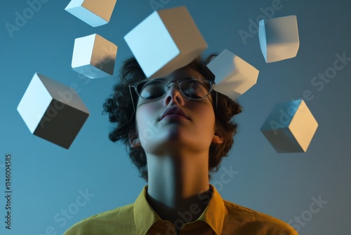 A young individual gazes upwards as white cubes appear to float above, implying a moment of deep thought or imagination against a gradient background.