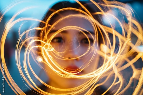 A dynamic and engaging portrait of a woman caught in a whirl of golden swirling light, capturing a moment of wonder and curiosity in an abstract backdrop. photo