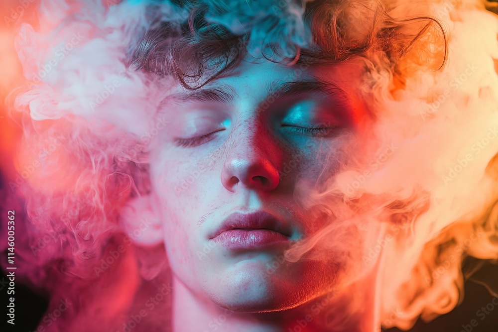 Fototapeta premium Close-up image of a young person with eyes closed surrounded by a colorful, dreamy cloud of smoke, capturing a serene, introspective, and peaceful emotion.