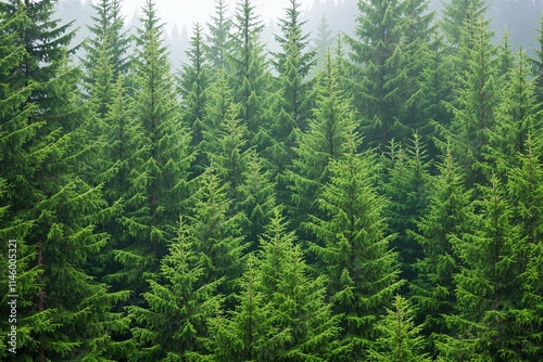 Lush green coniferous forest with misty background.