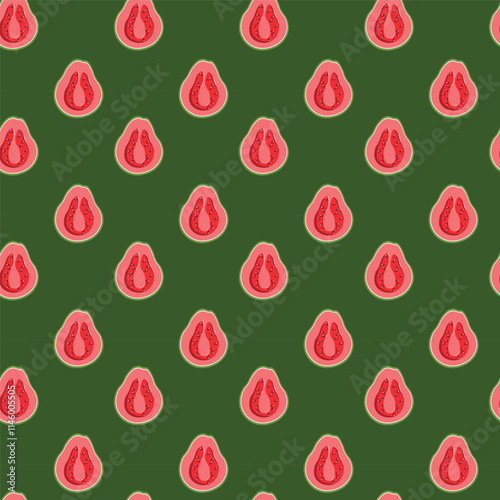 Guava flat seamless pattern on green background. Wrapping paper, gift card, poster, banner design. Home decor, modern textile print. Summer bright geometric fruits patterned.