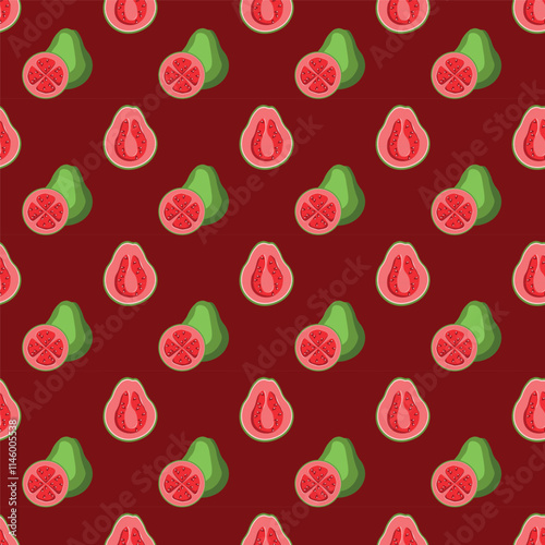 Guava flat seamless pattern on red background. Wrapping paper, gift card, poster, banner design. Home decor, modern textile print. Summer bright geometric fruits patterned.