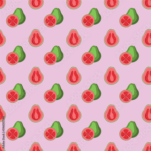 Guava flat seamless pattern on pink background. Wrapping paper, gift card, poster, banner design. Home decor, modern textile print. Summer bright geometric fruits patterned.