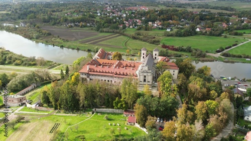 Aerial view of historic castle and town