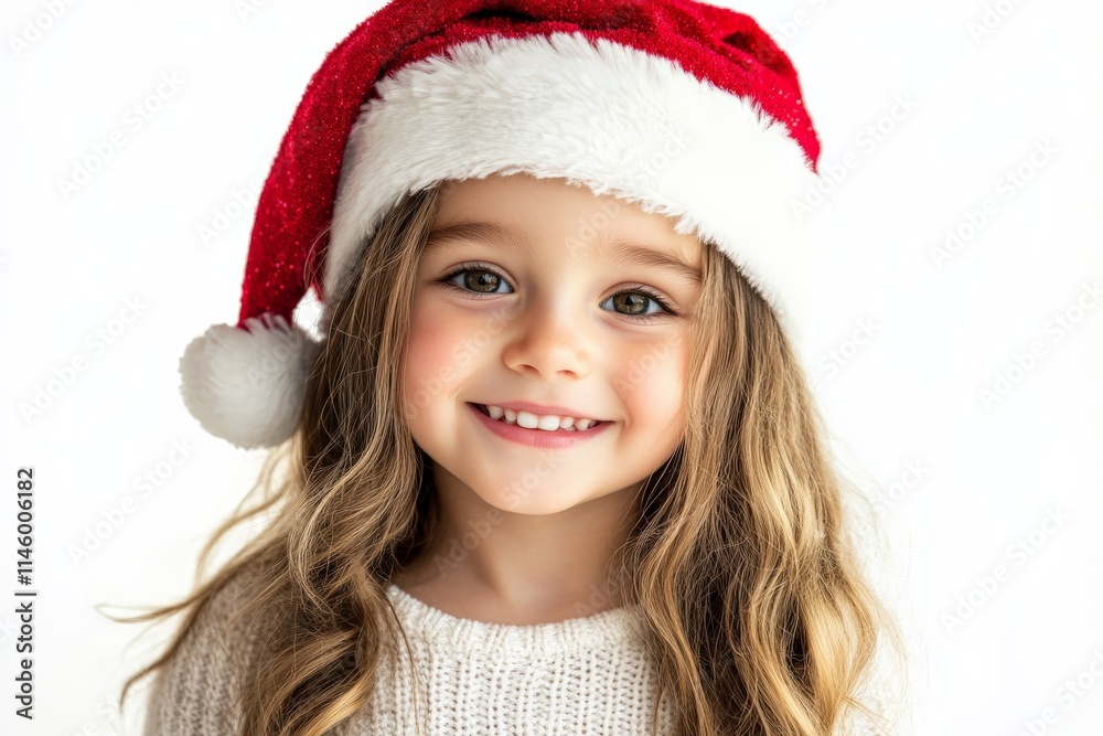 A cheerful child wearing a classic red Santa hat smiles brightly, capturing the joy and spirit of the holiday season, set against a simple white background. A cheerful child wearing a classic red Santa hat smiles brightly, capturing the joy and spirit of the holiday season, set against a simple white background.