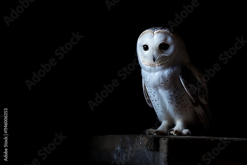 A solitary barn owl sits perched on a wooden beam, its striking white face and speckled plumage highlighted against a dark, mysterious background. photo