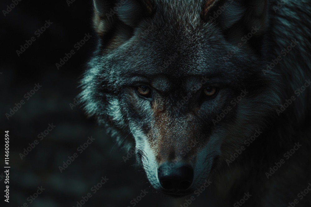 Fototapeta premium A stunning close-up of a wolf, its fur catching the light as it stares intently with intense eyes, showcasing the majestic nature of this powerful creature in the wild.
