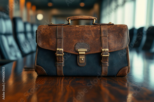 Leather briefcase sitting on conference room table photo