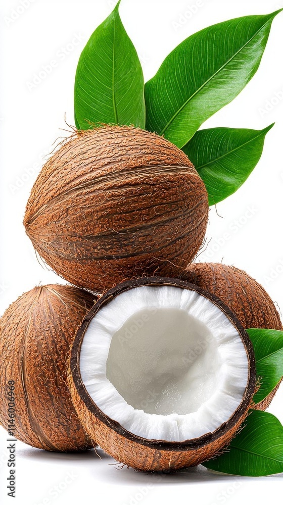 A photostock of ripe coconuts halved with visible white flesh and green leaves, isolated on a clean white background, tropical and fresh, High Quality A photostock of ripe coconuts halved with visible white flesh and green leaves, isolated on a clean white background, tropical and fresh, High Quality