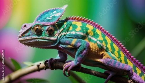 a close up of a chamelon sitting on a branch with a rainbow background