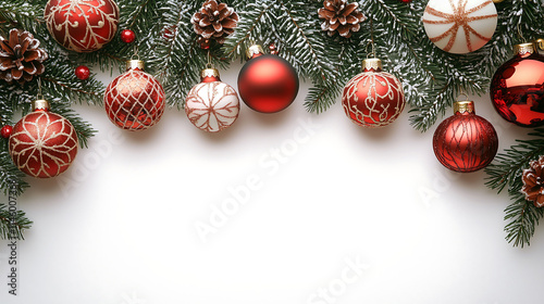 christmas background with christmas decorations on white background. New Year Christmas card 