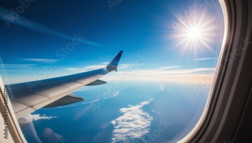 Aerial view of sunrise through airliner window in the morning. Aerial view of Cloudscape in dawn through plane window. Travel and vacation concept