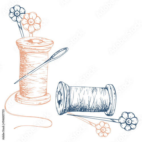 Wooden thread spool skein bobbin, flower pin needles. Hand drawn ink vector illustration sewing craft embroidery supplies. Composition isolated on white background. Design atelier, tailor, hobby shop